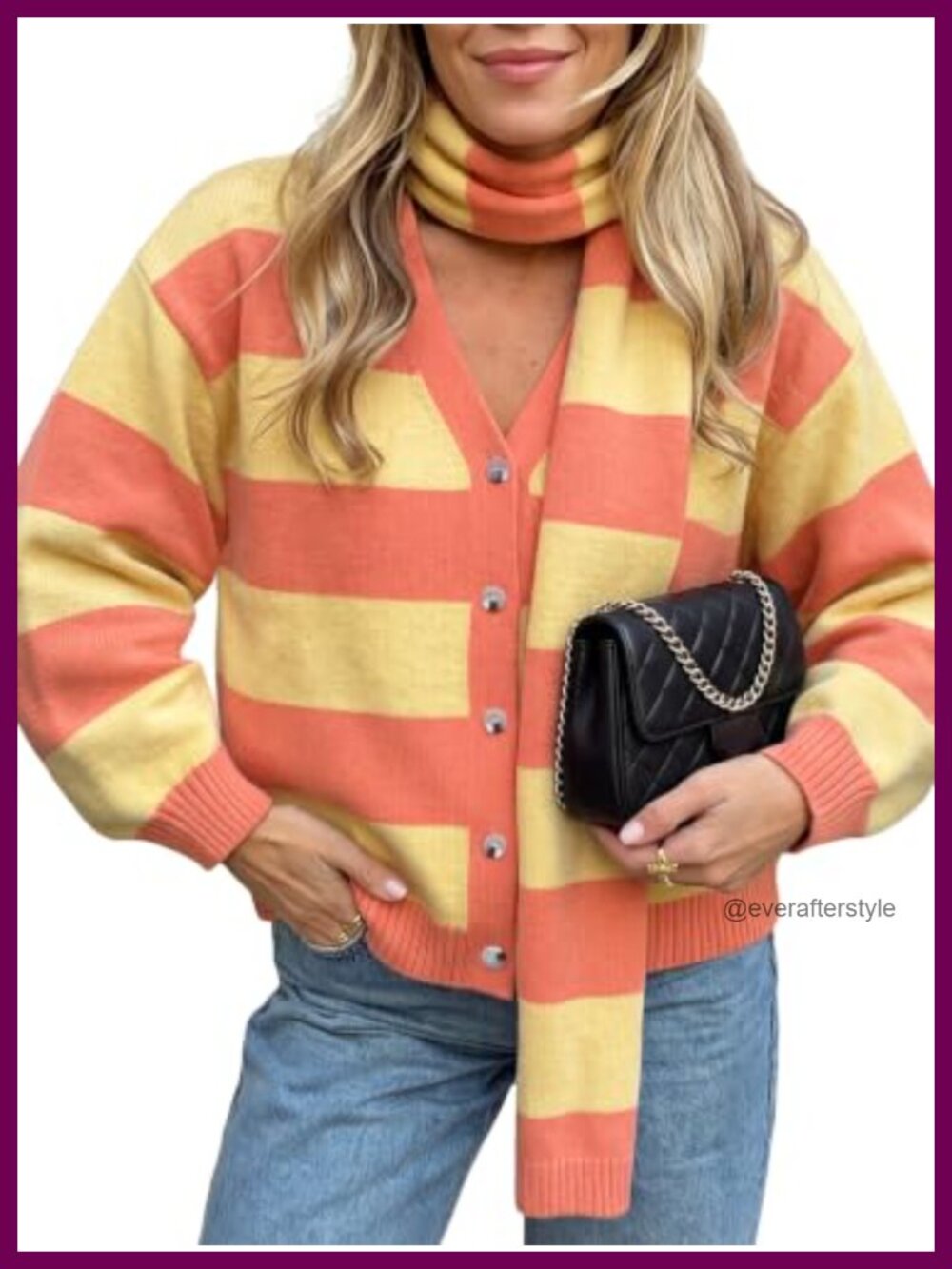 Womens Striped Knit Cardigan Sweater with Matching Scarf Long Sleeve